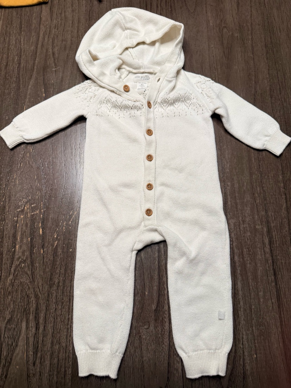 Cream Hooded Knit One-Piece Romper with Button Front (18 month)